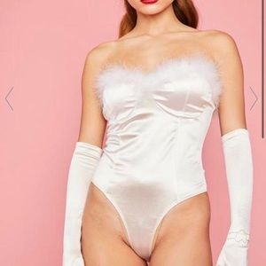 Satin bodysuit lined with feathers
